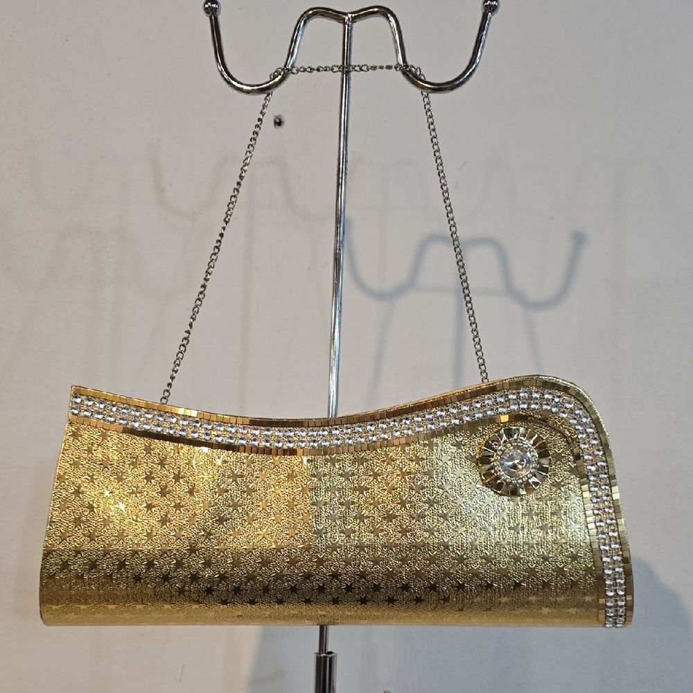 Elegant Gold Clutch with Rhinestone Detailing Evening Cocktails Holidays Medium